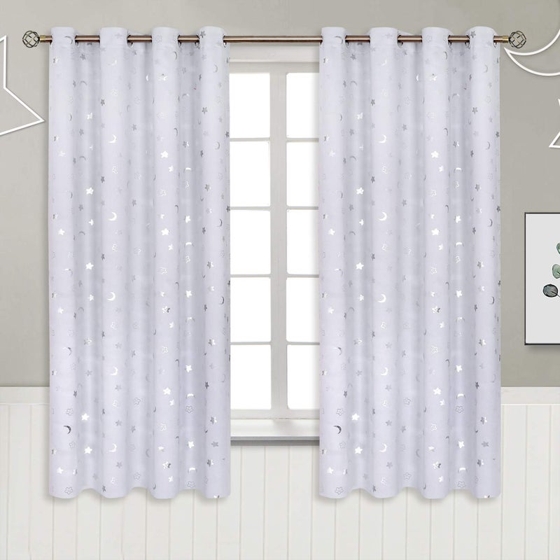 BGment Kids Blackout Curtains for Bedroom 63 Inch Long 2 Panels, Star and Moon Girls Decor Room Darkening Drapes for Nursery Baby Room, Greyish White, 52X63 - Image 1